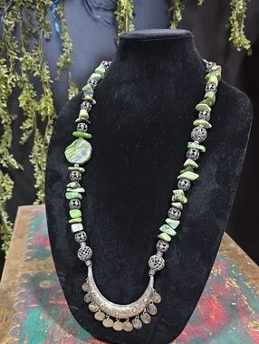 Artisan Natural Stone Bead Necklace with Silver-Tone Crescent and Coin Charms